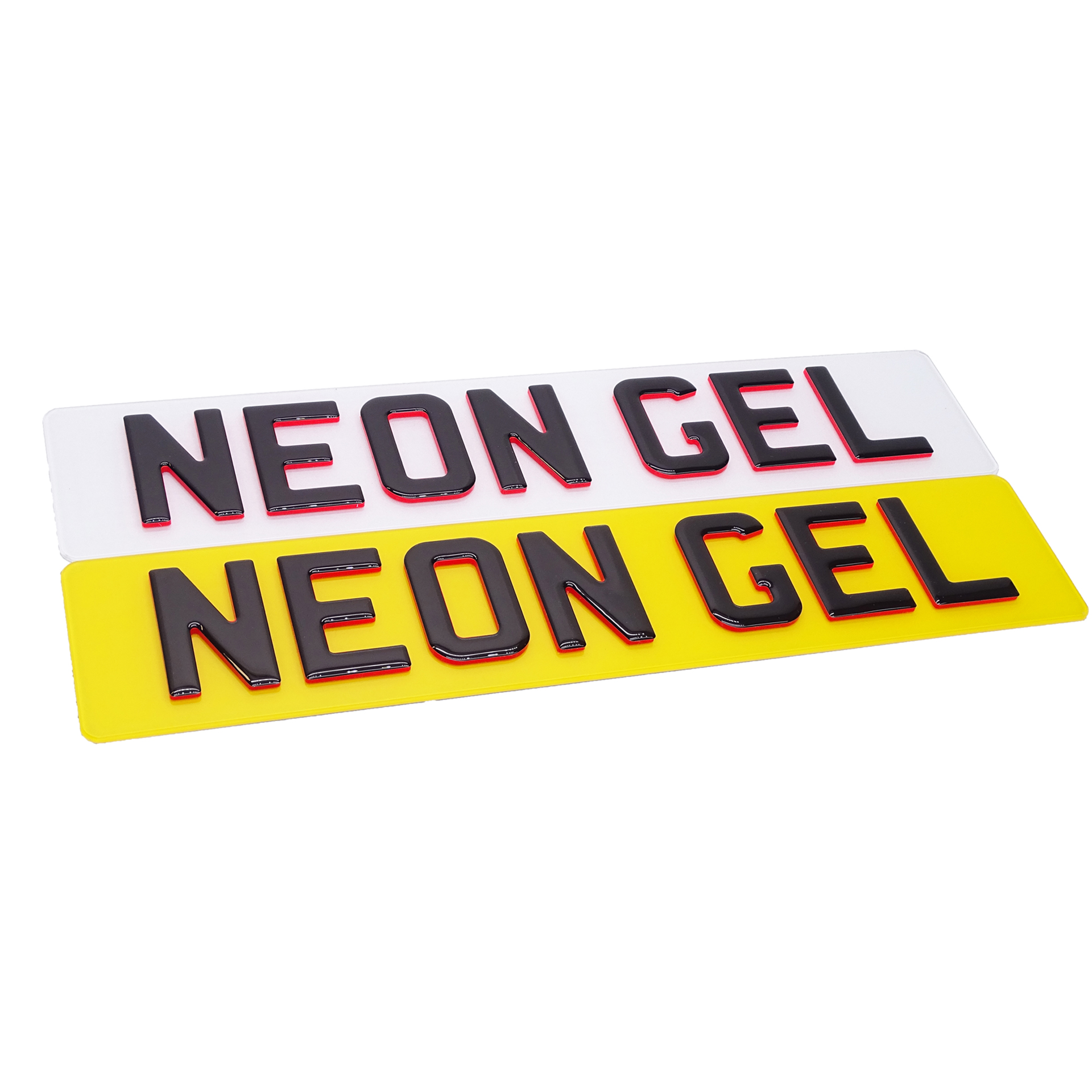 Custom 4D neon gel tinted character number plate pair
