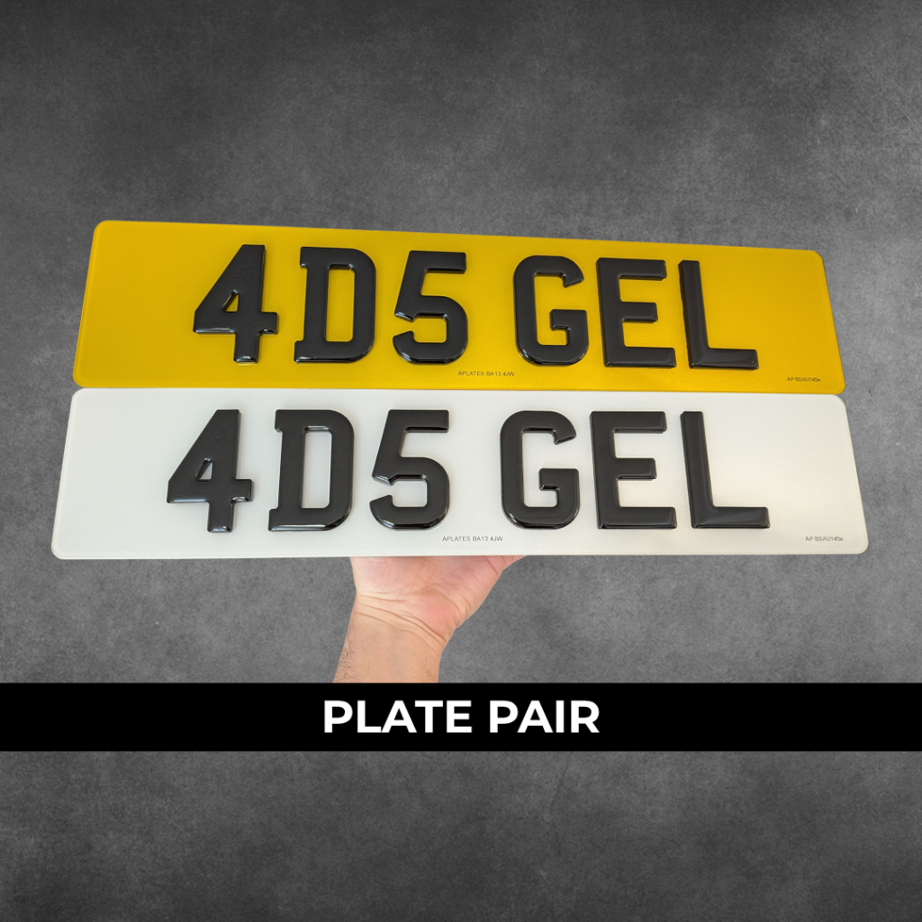 Pair of 4D gel number plates with 5mm acrylic characters and gel topping
