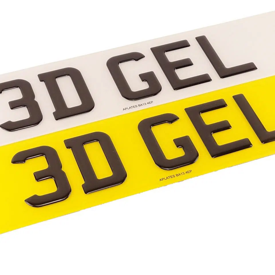 Pair of premium 3D gel number plates on a white square background